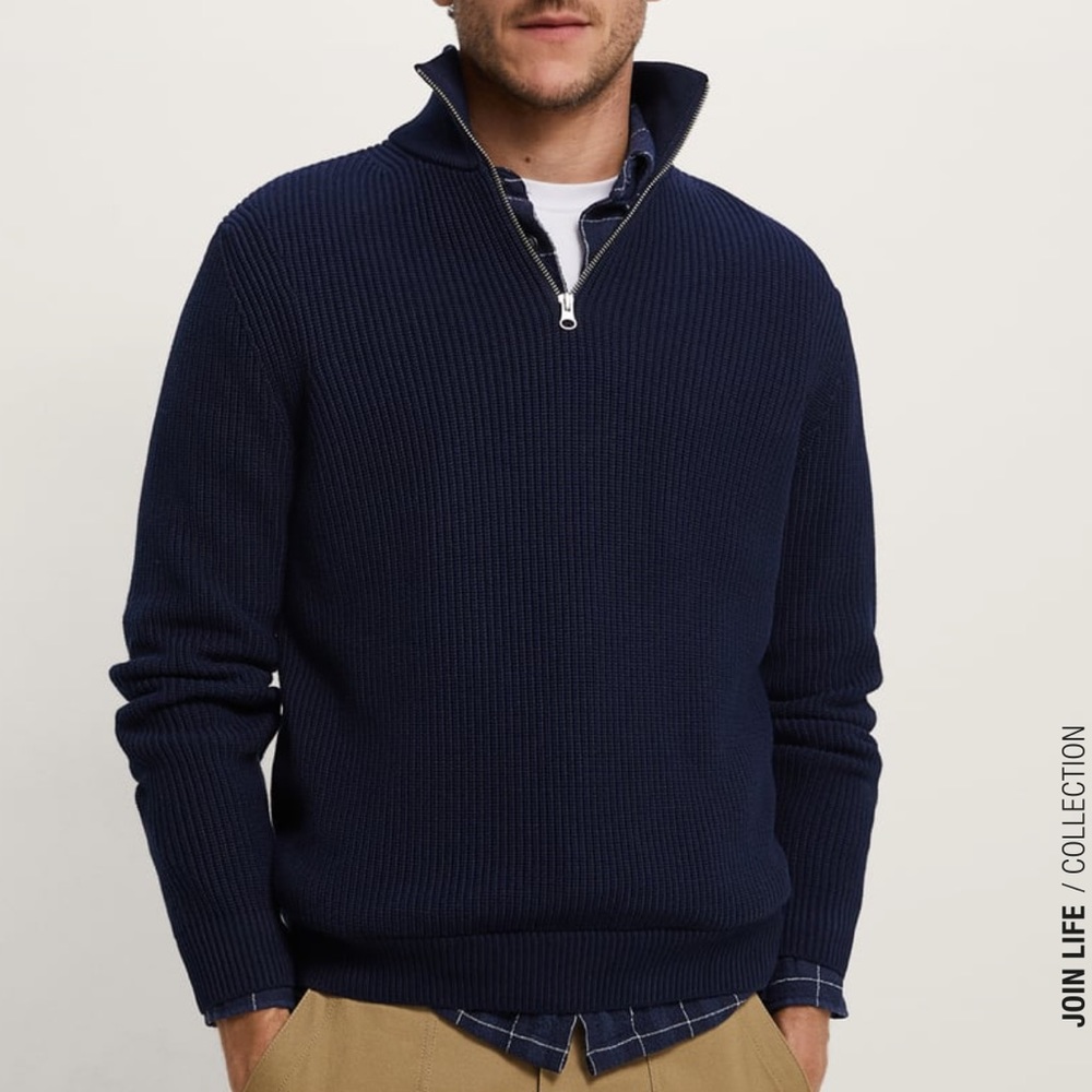 ZARA Man Textured Half Zip Pullover in Navy